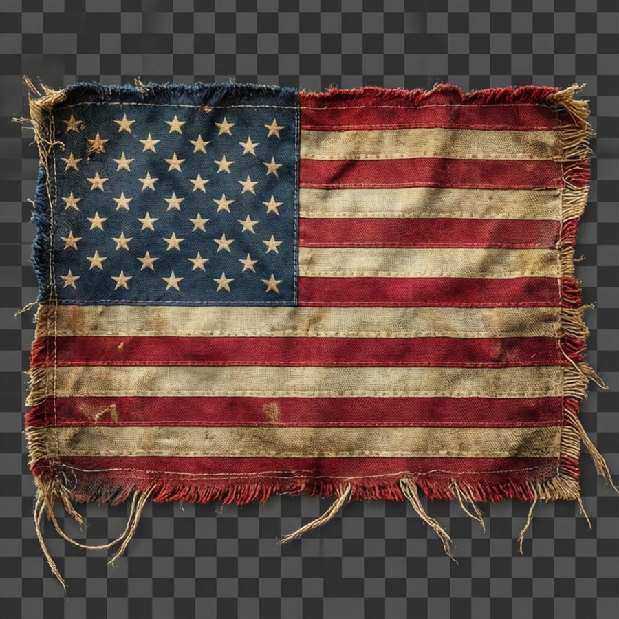 Um close-up detalhado de uma bandeira americana vintage com bordas desfiadas, fundo transparente.