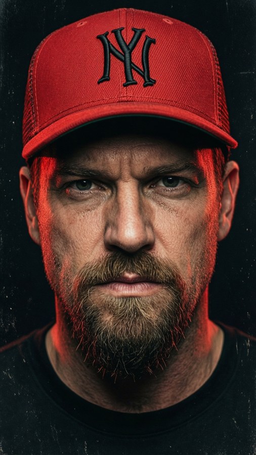 Intense close-up of Fred Durst with red cap and goatee in dramatic lighting.