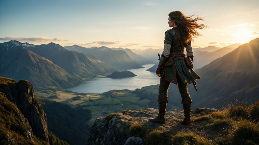Guild Girl mit Blick auf eine Fantasielandschaft