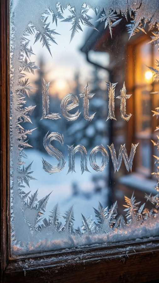Frosted glass with 'Let It Snow' etched, cozy winter wallpaper.