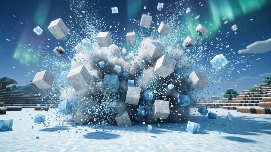 Isblock exploderar i en snöig Minecraft-värld med norrsken ovanför.