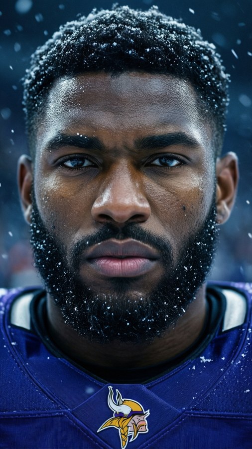 Intense close-up of Jordan Addison in a snowy winter game.