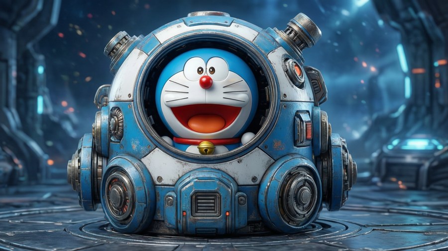 Doraemon emerges from a futuristic invention.