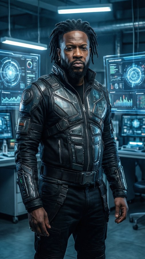 Tech N9ne in a futuristic tech environment with holograms.