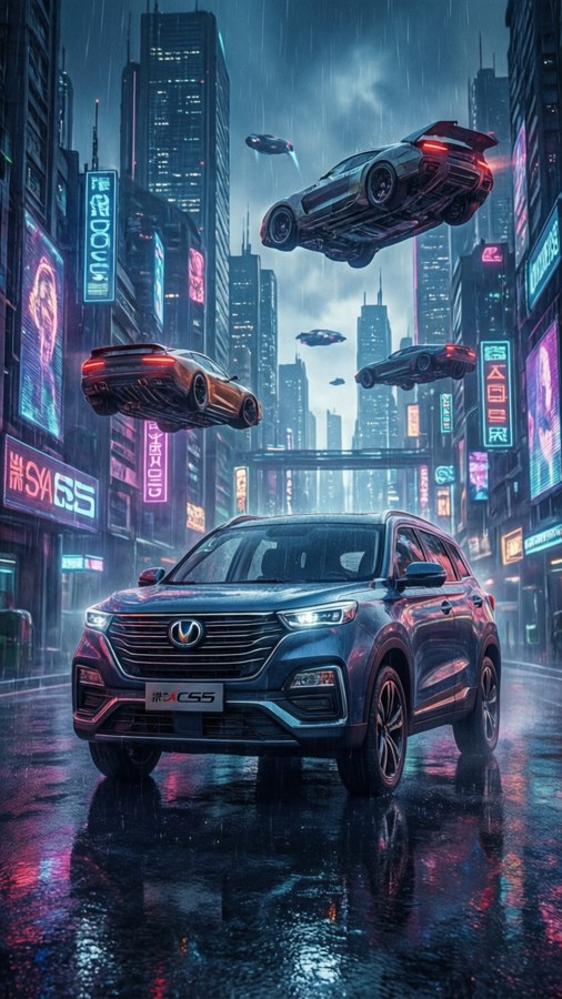 Changan CS55 in a cyberpunk futuristic city.