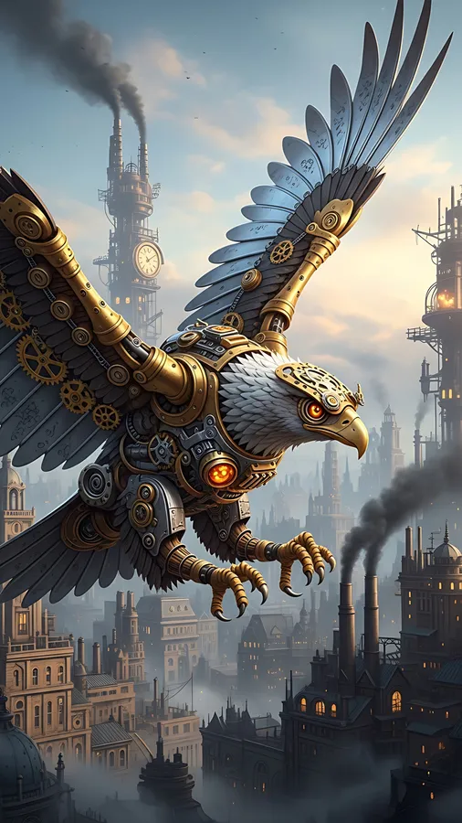 eagle,steampunk,city,flying