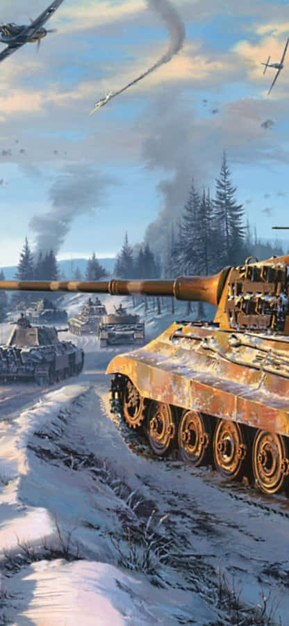 Et maleri af en tank i sneen