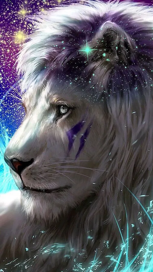 A picturesque galaxy lion wallpaper featuring digital art of a ferocious lion with purple face paint against a cyan-colored galaxy.