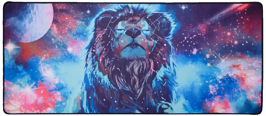 An incredible digital artwork showcasing a lion with a raised head, set against a stunning galaxy background.