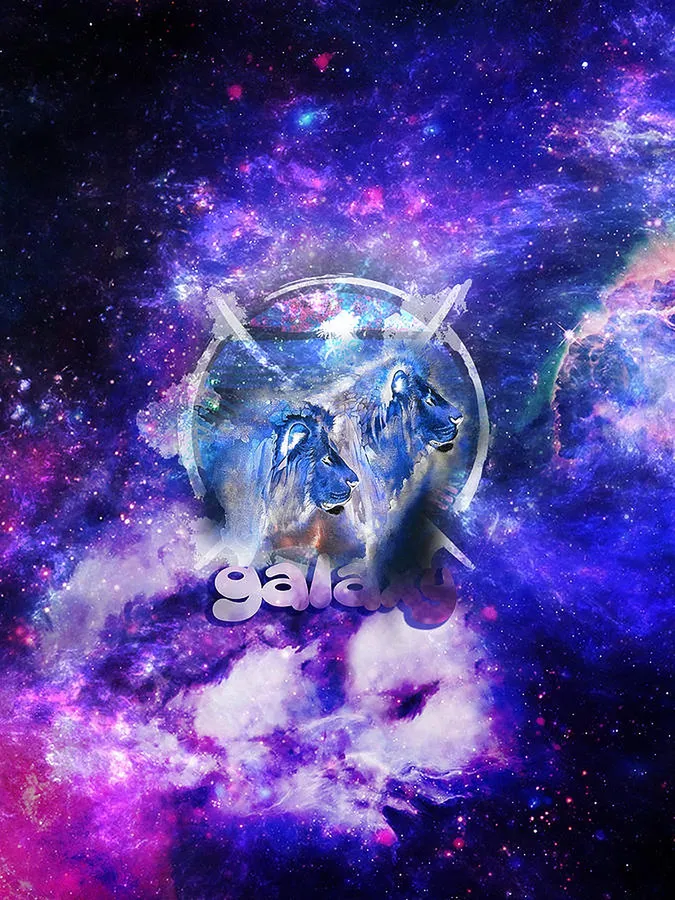 An impressive galaxy lion wallpaper showcases two lion heads in the center with the text 
