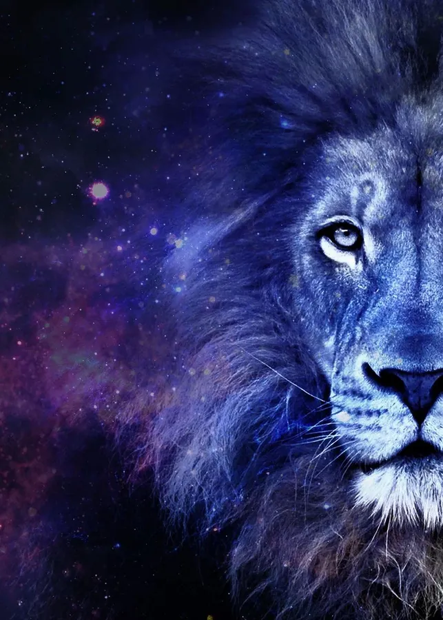 A beautiful galaxy lion photograph features a blue-hued lion with half of its face visible against a galaxy background.