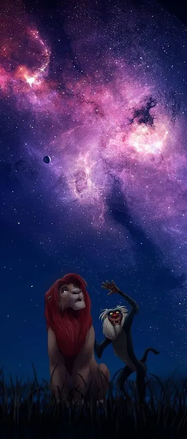 A fantastic galaxy lion screensaver portrays Simba and Rafiki from The Lion King with a magnificent galaxy backdrop.