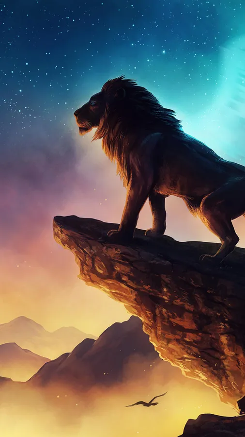 A stunning galaxy lion wallpaper featuring a powerful lion posing on a cliff with the galaxy visible in the distance.