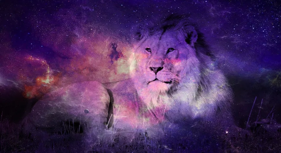 A stunning wallpaper features an overlay photo of a lion set against a vibrant purple galaxy artwork.