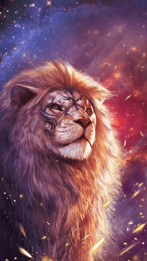 A remarkable galaxy lion realistic piece of art depicts a lion with a vibrant mane and face tattoos against a galaxy background.
