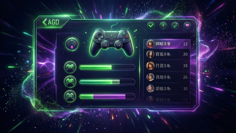 A vibrant gaming app interface wallpaper with neon accents and energetic particle effects.