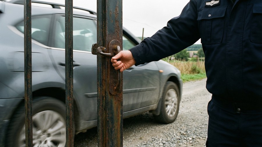 Security guard opening a gate for a car.