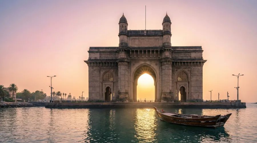 Fredlig morgon vid Gateway of India med gyllene ljus och en båt