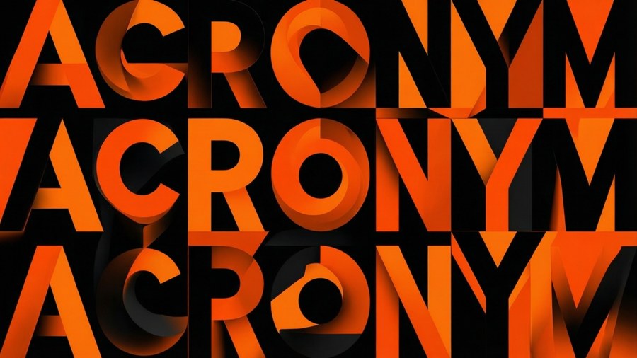 En dynamisk abstrakt baggrund med akronymet 'ACRONYM' vævet ind i geometriske mønstre.
