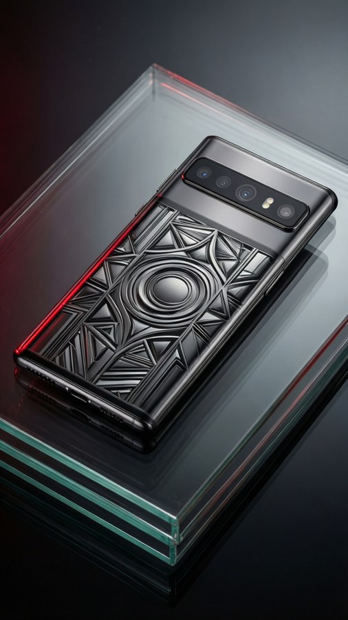 Galaxy Note 8 on glass with geometric reflections in monochrome and red