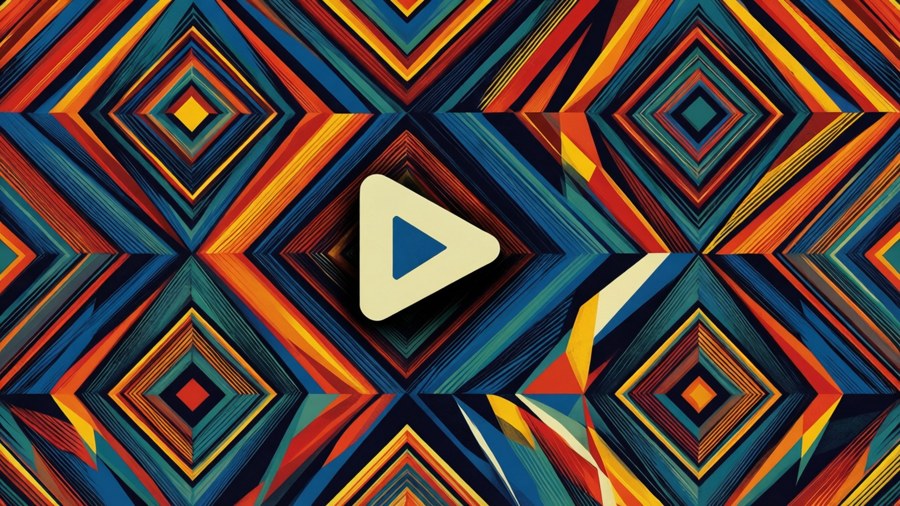 A play button embedded in a geometric bauhaus-style pattern with bold colors.