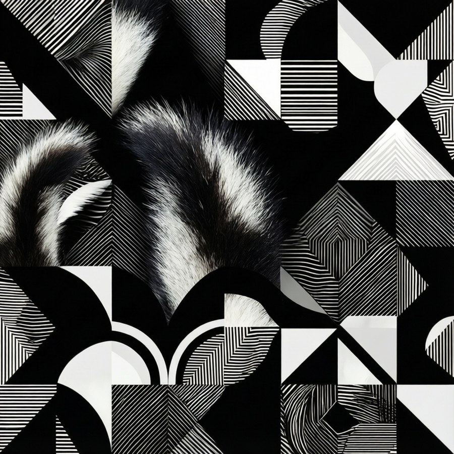 Abstract black and white geometric pattern featuring skunk shapes.