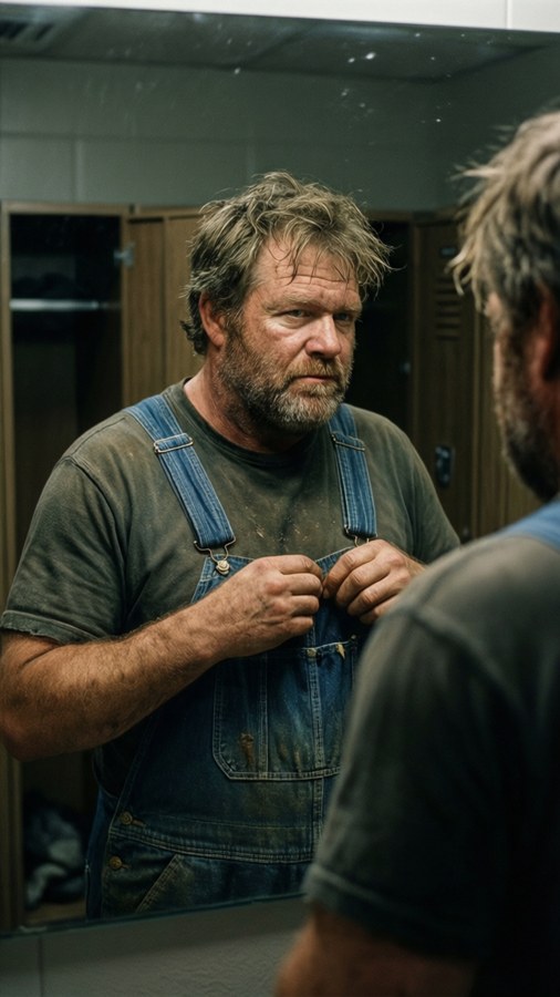 Hillbilly Jim preparing in the locker room mirror.