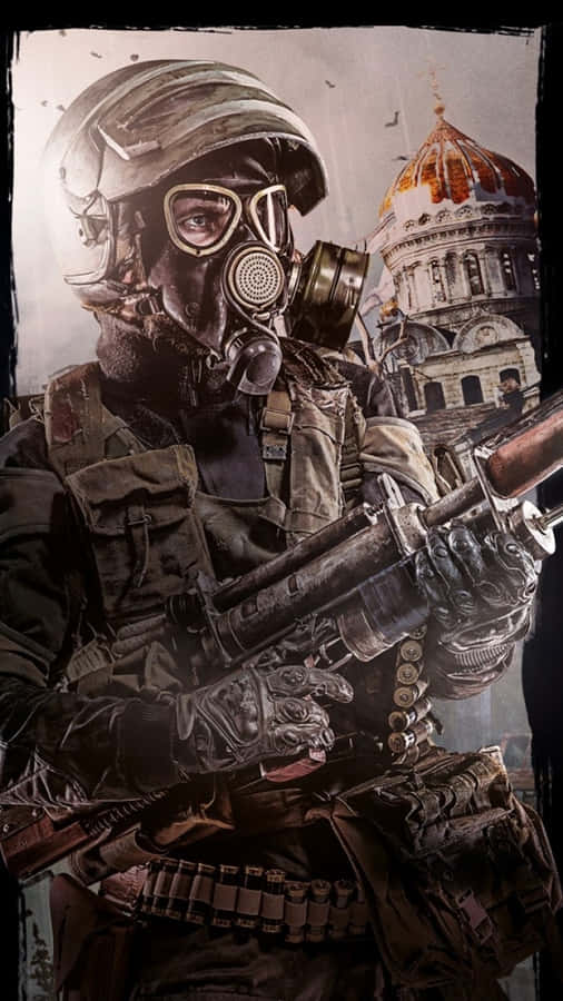 EinSoldat mit Gasmasken, der ein Gewehr hält