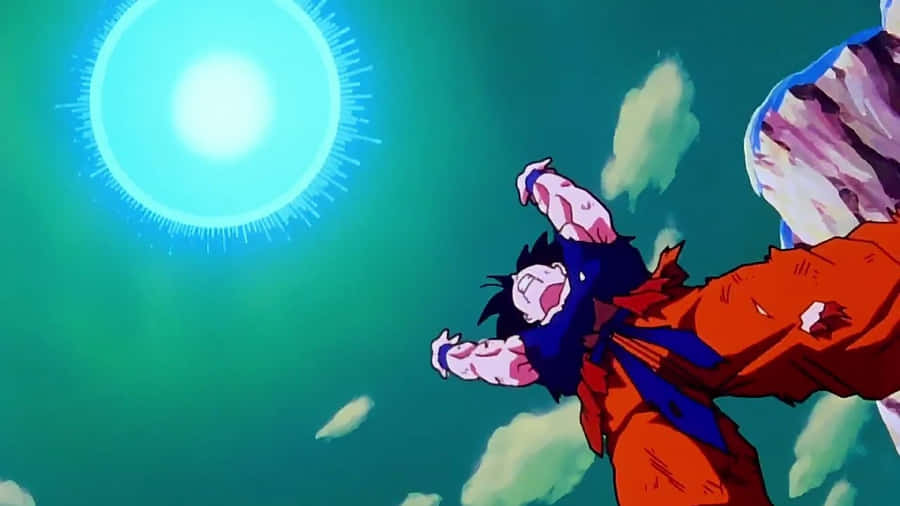 Goku,o lendário guerreiro Saiyan, aproveitando o poder de uma Espada Spirit Bomb.