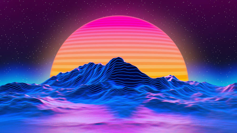 Retro Futuristisk Sol Mountain Landskab 4K Tapet