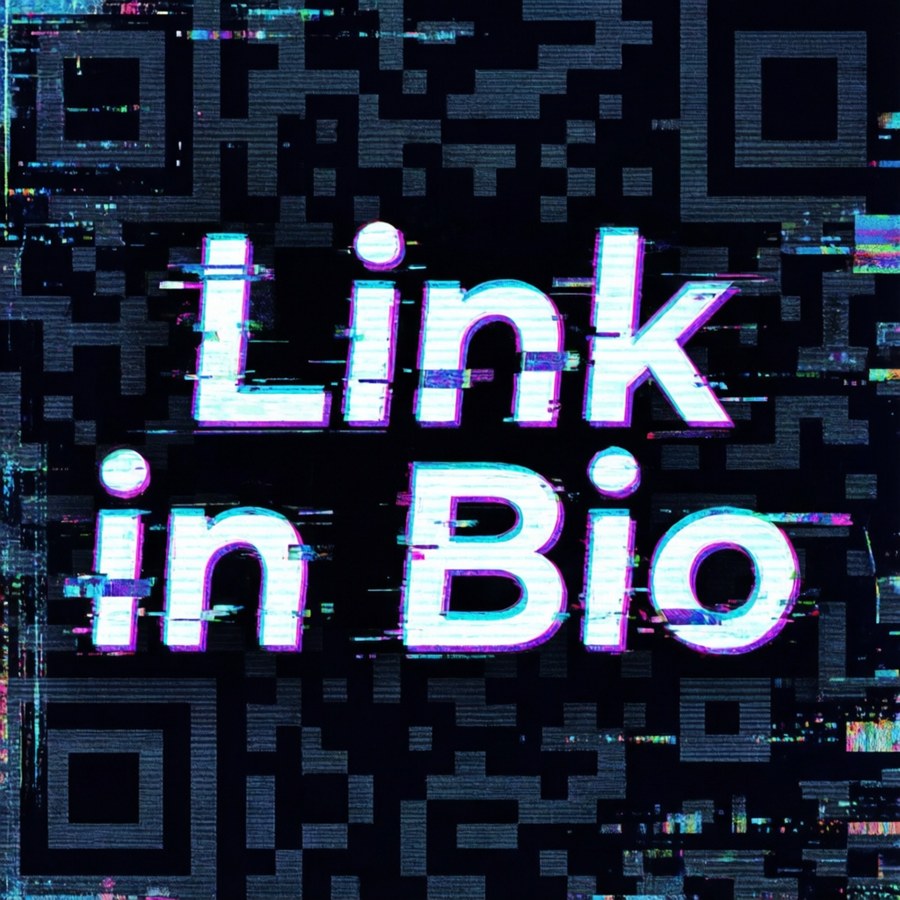 En glitch-effekt bakgrunn med digital 'Link in Bio'-tekst og statisk.
