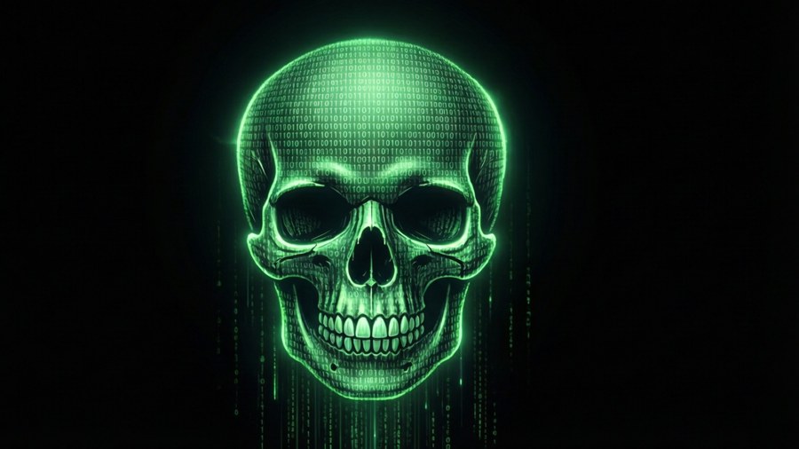 Hacker logo with green binary skull on black background