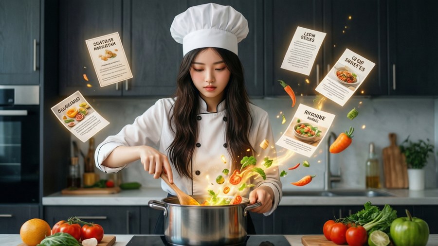 Magical culinary scene with glowing ingredients and floating recipes.