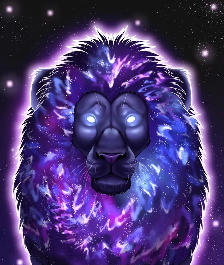 A stunning galaxy lion portrait showcases a lion glowing brightly with purple hues, with a galaxy motif in the mane.