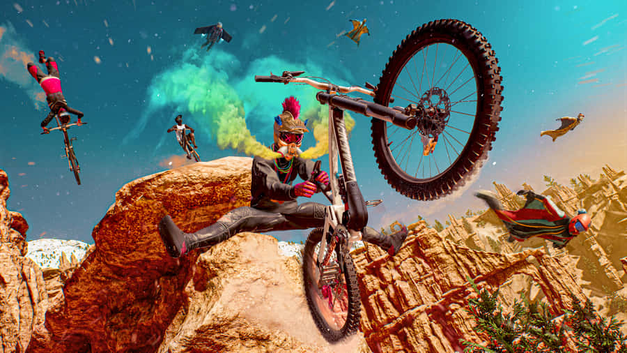 EinMountainbiker fliegt durch die Luft.