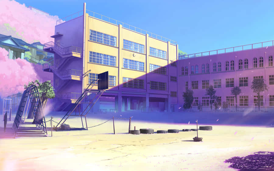 AnimiertesGebäude mit Kirschblüten Hintergrund der Schule.