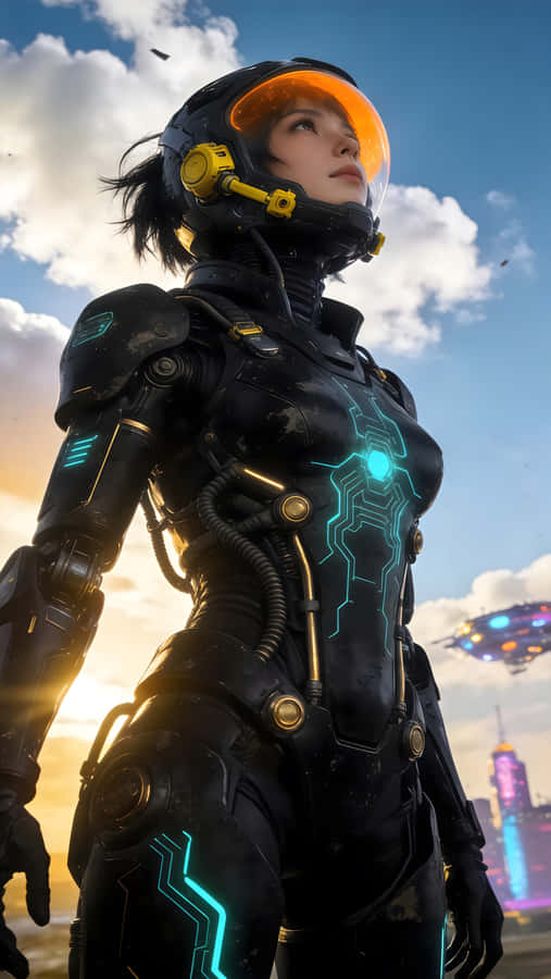 Science Fiction,Cyberpunk,Future Tech,Mecha,Space,Female Astronaut,Power Armor,Glowing Lines,Neon Lighting,Low Angle Shot,Realistic Style,Digital Art,Sky,Clouds,Floating City,Airships,Dusk,Hopeful Atmosphere,Epic Vibe
