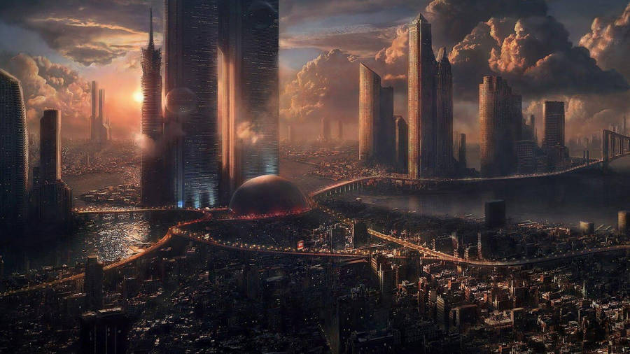 Aerial view wallpaper of futuristic city under golden sky