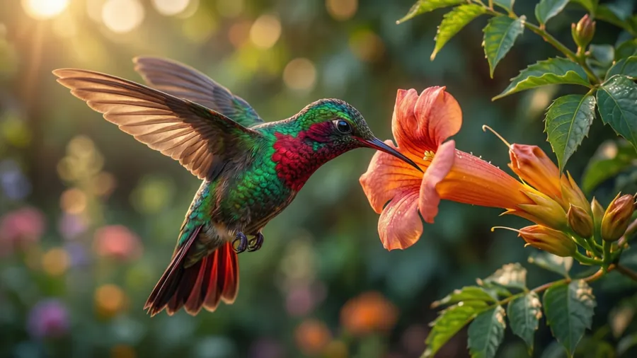 Hummingbird hovering at sunset with vibrant colors.
