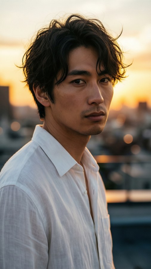 Shogo Itaya posing on a rooftop at sunset in casual elegance.
