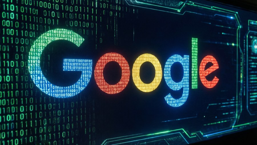 Google logo made of binary code in matrix style.
