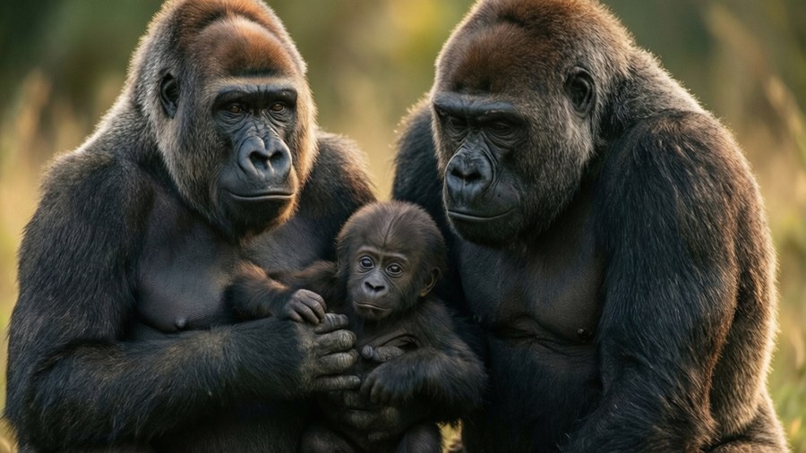 Lämmin kohtaus gorillaperheestä, jossa on äiti ja vauva, isä suojeleva.