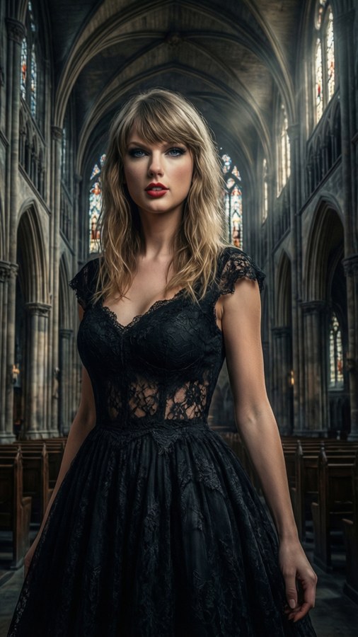 Taylor Swift en una catedral gótica con vidrieras