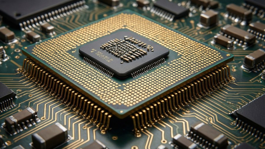 Macro-opname van een gouden processor op een printplaat