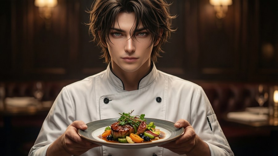 Ikumi Mito proudly presenting a gourmet dish.