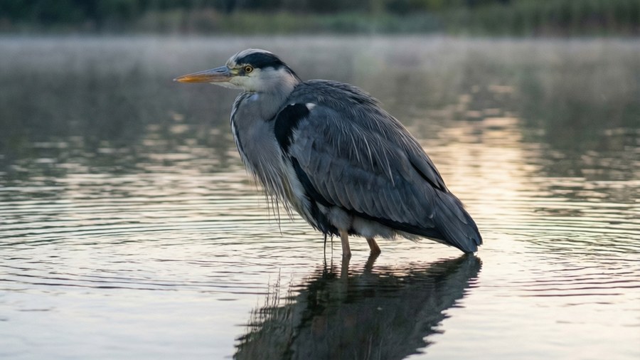 A gray heron standing in water with reflection.