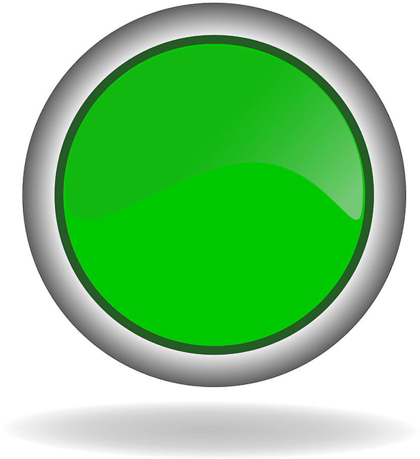 Green Push Button Graphic PNG — A glossy green circular button with silver rim and base casting soft shadow on black background.