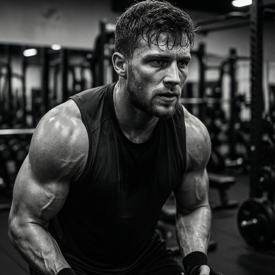 Um homem musculoso focado em uma academia usando uma regata durante um treino.