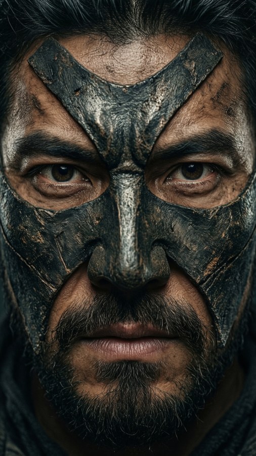 An intense close-up of Cyclone Anaya's mask and eyes with gritty texture and dramatic shadows.