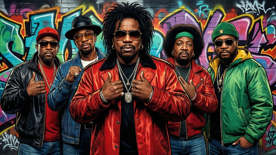 Colorful group portrait of the legendary hip-hop crew against graffiti.